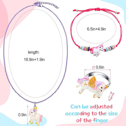 24 Pcs Little Girl Jewelry Set Kids Unicorn Necklace Cute Woven Bracelet Ring for Girls Pretend Dress up Party Favor (Vivid Style)