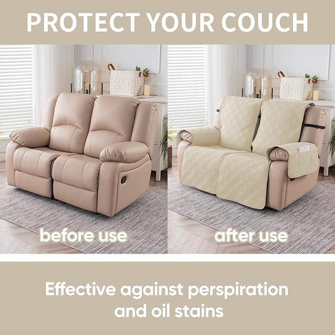 Easehomey Waterproof Loveseat Recliner Cover,Non Slip Reclining Couch Covers for 2 Seat,Dog Chair Cover Furniture Protector Washable Chair Cover with Pocket for Kids,Pets,Dogs(Beige,2Seat)