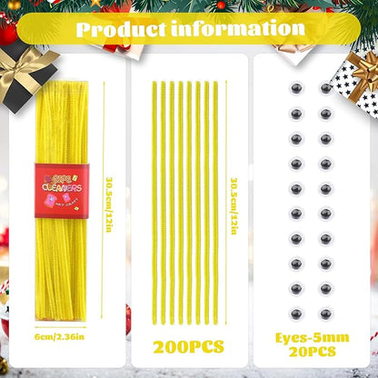 LOKUNN Pipe Cleaners, 200 Pcs Light Yellow Pipe Cleaners Craft Set, Solid Color Chenille Stems, DIY Arts and Crafts with Adhesive Eyes and Storage Box, Christmas Halloween Decoration Art Supplies