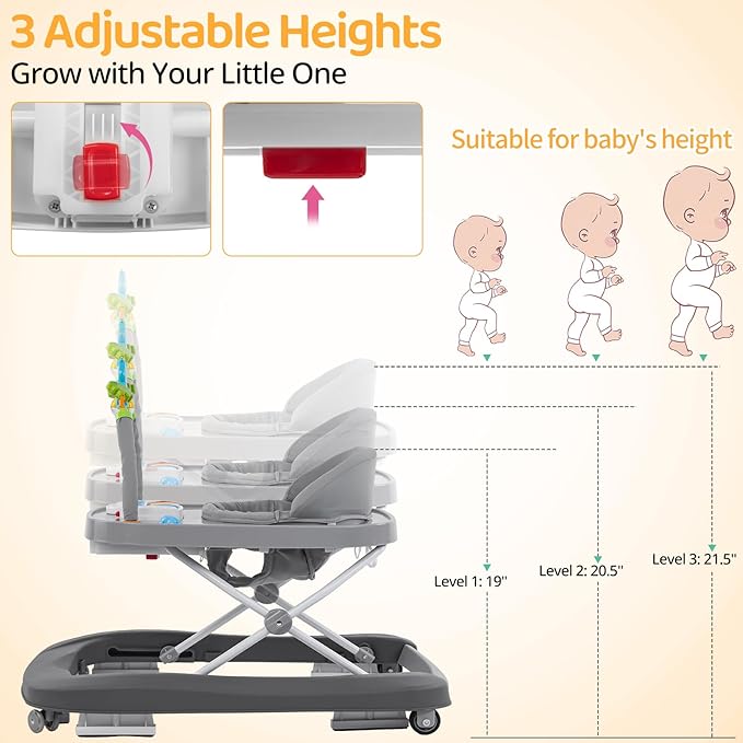Baby Walker, Music & Removable Footrest with Toys, 3-Height Adjustable, Foldable 4-in-1 Activity Center for Infant and Toddler, Baby Walker for Baby Boy Girls 7–18 Months