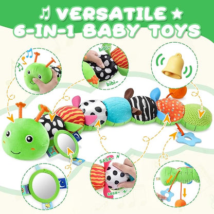 AWOTOY Baby Toys 0-6-12 Months,Musical Caterpillar Stuffed Animals Activity Infant Toys with Crinkle,Rattles,Mirror&Pull String,Muti-Sensory Toys Gifts for Newborn Tummy Time,Kelly Green|Leafy