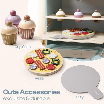 ROBUD Wooden Kids Oven, Realistic Wooden Play Kitchen Set, Pretend Play Kitchen Accessories Toy Kitchen Set for Kids with Cupcakes, Pizza, Tray – Best Gift for Boys & Girls