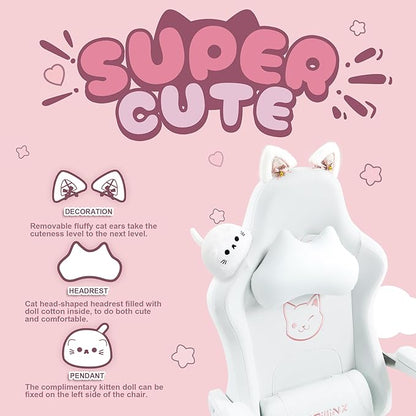 Dowinx Gaming Chair Cute with Cat Ears and Massage Lumbar Support, Ergonomic Computer Chair for Girl with Footrest and Headrest, Comfortable Reclining Game Chair 290lbs for Adult, Teen, White