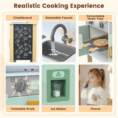 Play Kitchen Wooden Kids Kitchen Playset Pretending Toys for Toddlers with Real Lights & Sounds, 3 Heights Adjustable, Chalkboard, 35Pcs Toy Food & Cookware Accessories-Green