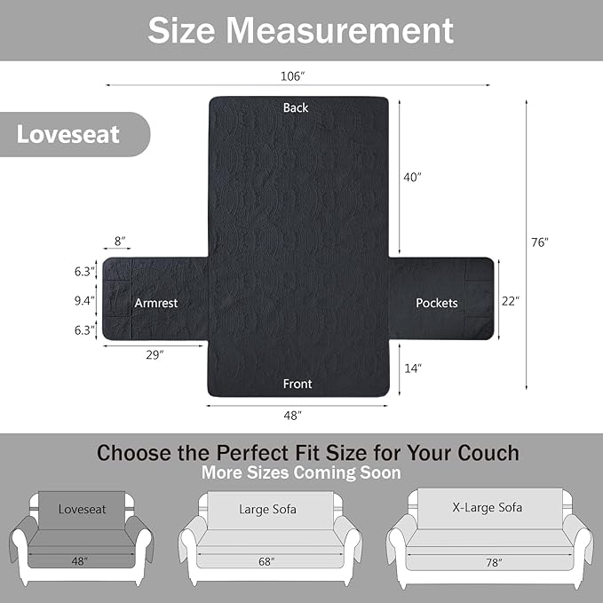 Water Repellent Loveseat Cover for 2 Cushion Couch, Machine Washable Love Seat Quilted Couch Covers, Pet Friendly Loveseat Slipcovers (Loveseat 48", Blue Gray)