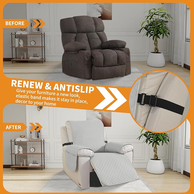 XINEAGE Water Resistant Recliner Cover, Nonslip Recliner Chair Covers for Reclining Chair with Pockets, Quilted Thick Recliner Slipcovers for Pets and Kids (Recliner Chair, Light Gray)