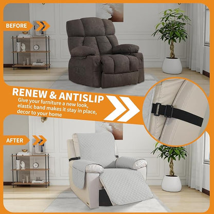 XINEAGE Water Resistant Recliner Cover, Nonslip Recliner Chair Covers for Reclining Chair with Pockets, Quilted Thick Recliner Slipcovers for Pets and Kids (Recliner Chair, Light Gray)