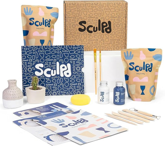 Sculpd Pottery Starter Kit - Complete Air Dry Clay Beginner Set for 2 Adults: Includes Sculpting Tools, Gloss Varnish, Paint Brushes, Guide, Video Tutorials & More - Date Night Gift, Arts Crafts Hobby