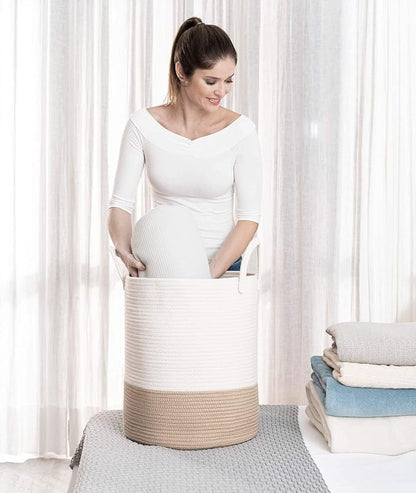 OrganiHaus Large Woven Laundry Basket w/Handles 52L, Rope Dirty Clothes Hamper, Blanket Basket for Living Room, Baby Laundry Hamper for Nursery, Soft Decorative Organizer Bin - Honey/Off-White