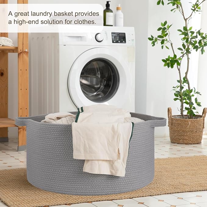 OIAHOMY 90L Blanket Basket for Living Room, Large Basket 23" x 23" x 13" with Handle, Laundry Hamper for Blankets, Pillows, Toy Storage for Kids, Dogs - Light Grey