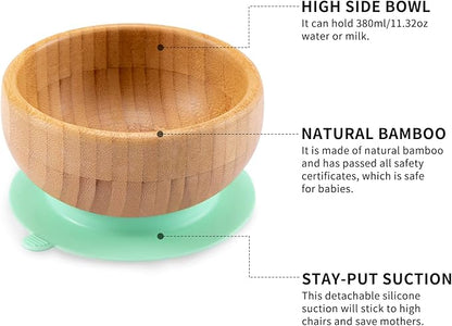 Baby Bamboo Suction Plate, Bowl and Spoon Set, Wooden Feeding Set for Toddler 1-3 Year Old, Silicone Suction Sticks to Most High Chairs for Non Slip & Silicone Spoon Tips with Wood Handle