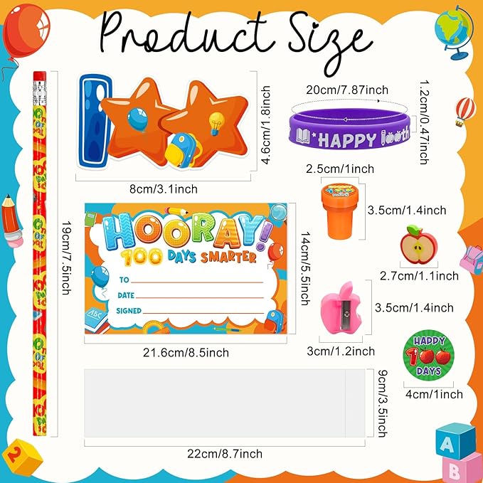 108 Pcs 100 Days of School Awards Set Teacher Favor Gift Kit Include 100th day of school Pencils Bracelets Stickers Certificate Stamp Button Pins for Happy 100 Days of School Party Favors Supplies