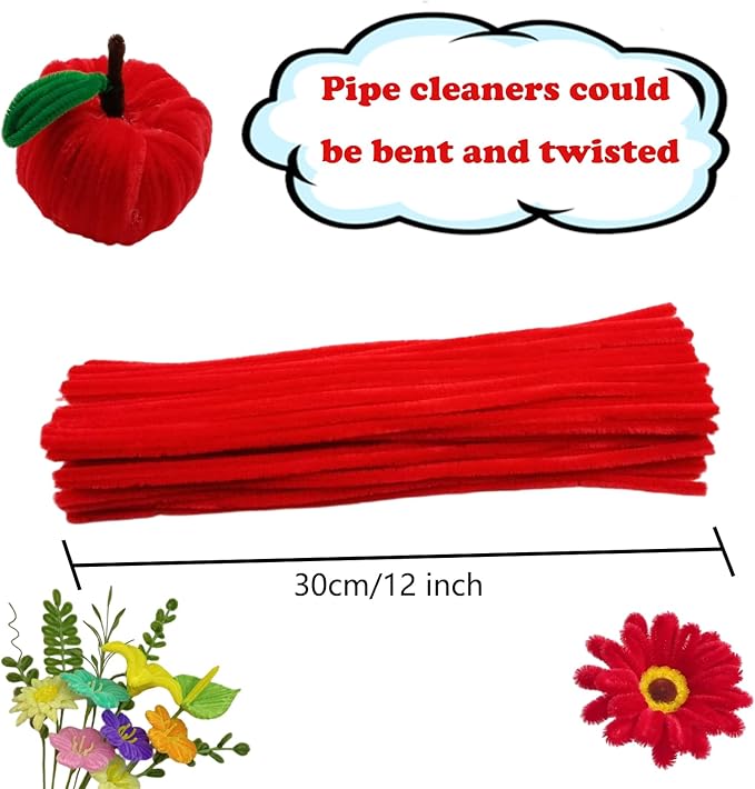 Swpohrat 100 Pieces Red Pipe Cleaner Craft Set,Thick Fuzzy Chenille Stem Pipe Cleaners for DIY Craft Projects and Decorations