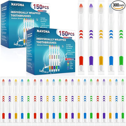 Navona 300 PCS Individually Wrapped Bulk Toothbrush Pack, Disposable Toothbrush, Soft Toothbrush for Adult or Kid, Soft Bristle Toothbrush, Ergonomics Handle, Perfect for Travel, Hotel, Donation