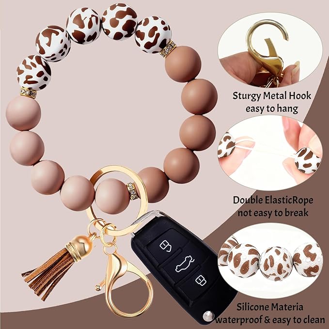 2PCS Bracelet Key Ring Set, Cute Car Key chain Wristlet, Silicone Beaded Bangle keyChains for Women Girls
