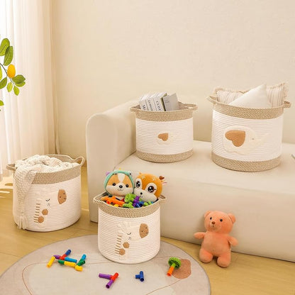 Large Blanket Baskets for Living Room Decor, Toy Storage Baskets Woven Cotton Rope Storage Basket for Kids, Dog Toys Organizer Clothes Hamper with Embroidery Decor for NurseryLaundry (Large, Giraffe)