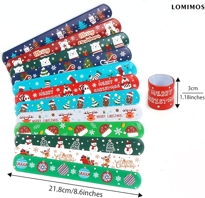LOMIMOS 48PCS Christmas Slap Bracelets,Xmas Snap Wristbands with Santa Claus Reindeer for Kids Party Favors Little Toys