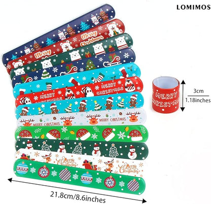 LOMIMOS 48PCS Christmas Slap Bracelets,Xmas Snap Wristbands with Santa Claus Reindeer for Kids Party Favors Little Toys