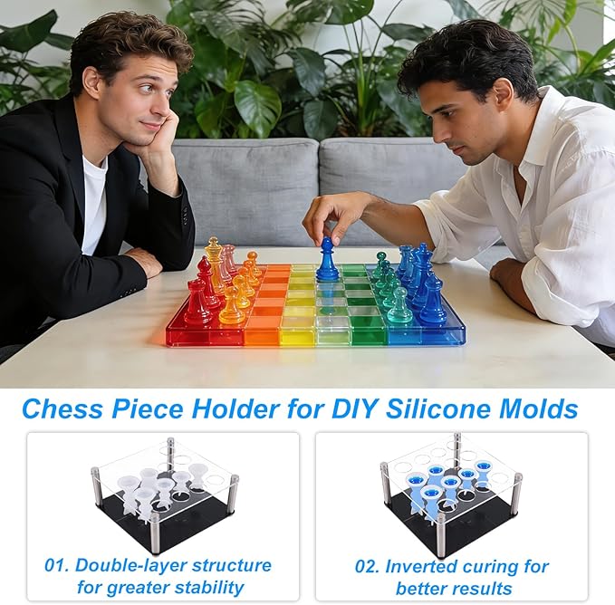 Resin Chess Set Mold, 16-Piece Full Size 3D Silicone Chess Molds Kit with Piece Holder for Epoxy Resin Checkers Casting DIY Home Decoration Board Game & Family Party Craft