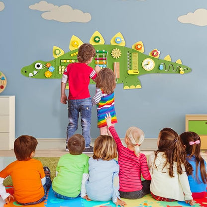 Beright Dinosaur Activity Wall Busy Board Panels, Montessori Sensory Toys, Toddler Learning Activity Center, Perfect for Toddler Playroom & Children's Daycare, Green