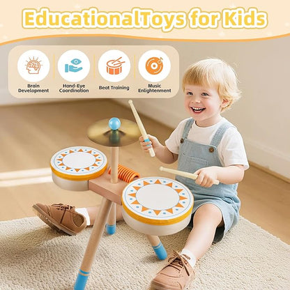 Toddlers Drum Set Toy for 3 Years Old ,Kids Wooden Jazz Drum for Toddlers Montessori Musical Instruments for Boy Girl, Percussion Set Baby Musical Toys, Birthday Gift for 3+ Kids Baby