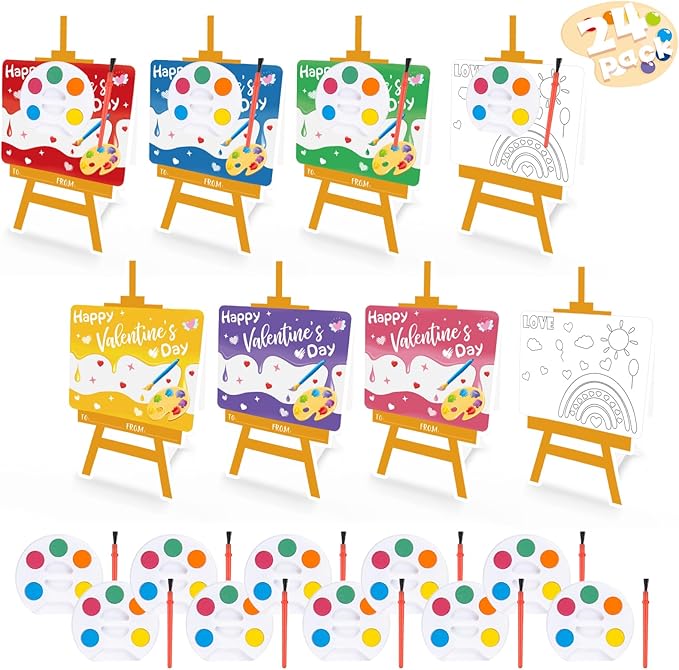 GOAUS Valentines Day Gifts for Kids, 24 Pack Easel-Shaped Valentines Cards with Watercolor Paint Sets for School Boys Girls Classroom Preschool Party Favors Class Prizes