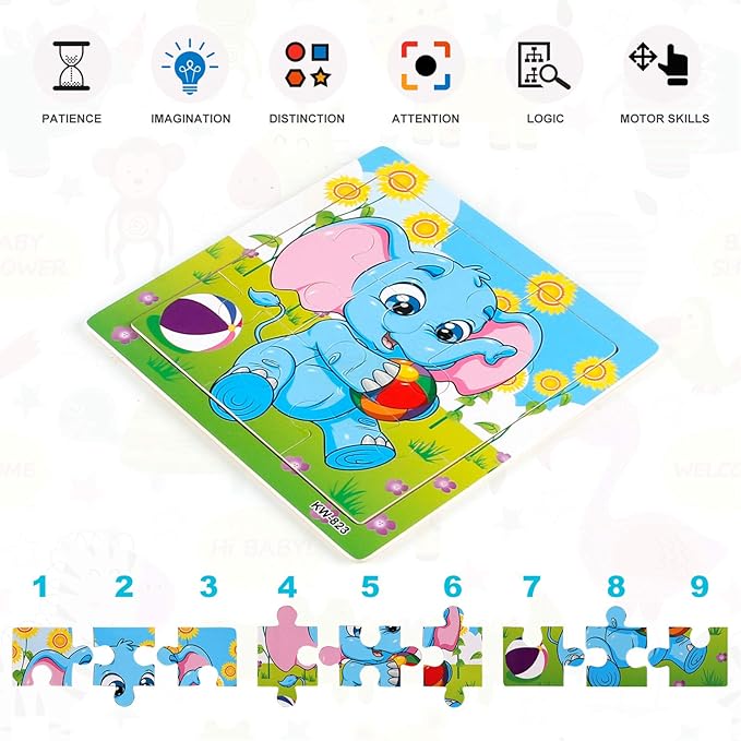 NASHRIO Wooden Puzzles for Toddlers 2-5 Years Old(Set of 6), 9 Pieces Preschool Educational and Learning Animal Jigsaw Puzzle Toy Gift Set for Boys and Girls
