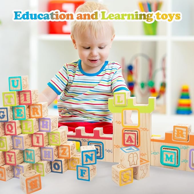 Wooden Building Blocks for Toddlers 2-3, ABC/Animals Castles Montessori Toys, Preschool Learning Toys Stacking Block for Preschool Girls and Boys Gifts