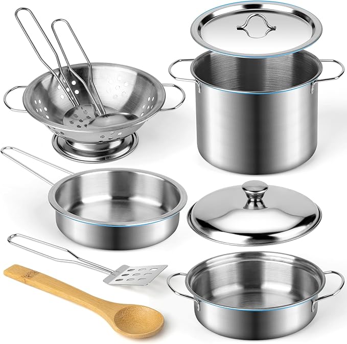 Juboury Kitchen Pretend Play Toys with Stainless Steel Cookware Pots and Pans Set, Cooking Utensils, Apron & Chef Hat, Cutting Vegetables for Kids, Girls, Boys, Toddlers