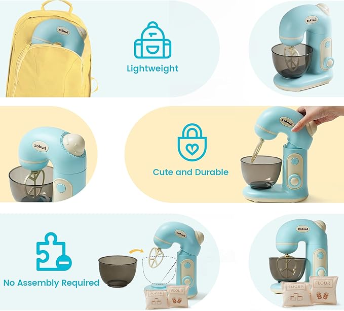 ROBUD Toy Blender, Toy Mixer with Bowl, Flour and Suger, Kids Play Kitchen Accessories, Pretend Play Kitchen Appliance for Kids with Realistic Light and Sound, Boys & Girls Toys Ages 3+