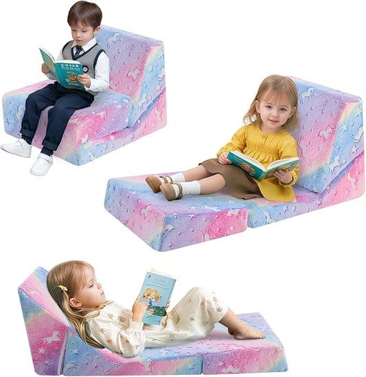MeMoreCool Toddler Couch Fold Out Sofa Bed, Kids Lounge Chair Foldable Floor Lounger, 3-in-1 Folding Children Chair Bed, Pull Out Recliner for Toddlers 1-6, Unicorn