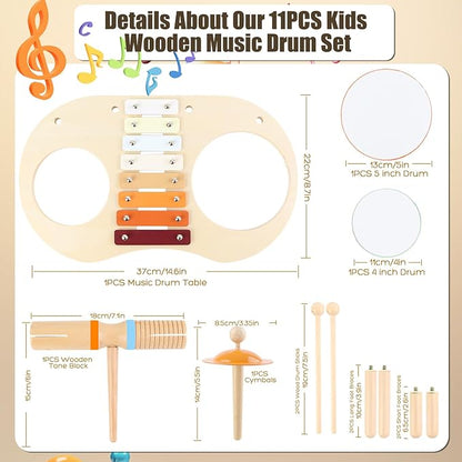 Drum Set for Toddlers 3+ Year Old Boys Girls Baby Wooden Musical Instruments Drumset for Ages Kids Montessori Preschool Educational Music Sensory Toys 3-5 Birthday