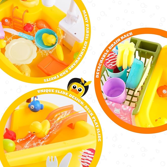 Play Sink with Running Water, Kitchen Sink Toys Play Kitchen Toy with Fake Food & Kitchenware, Pool Floating Fishing Toys for Water Play, Kids Role Play Dishwasher Toy (Duck Sink)