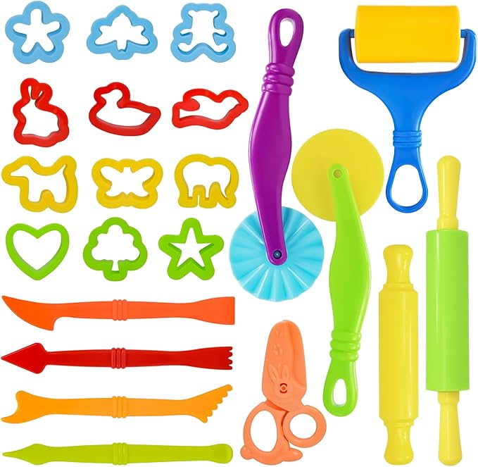LCY WEDSHI Dough Tool Set, 22 Pcs Dough Tools Sets for Kids Ages 4-8, Dough Accessories Includes Cutters Roller, Rolling Pins, Safety Scissors, Plastic Knife, Animal Shapes Cutters
