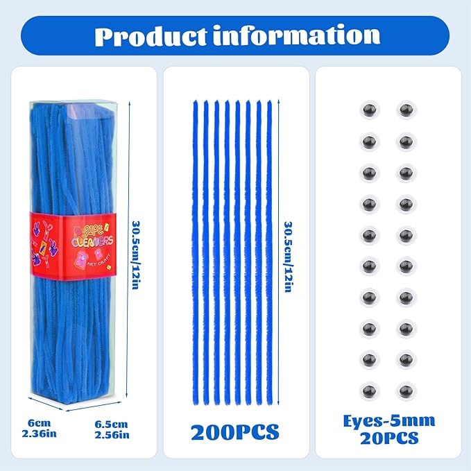 LOKUNN Pipe Cleaners, 200 Pcs Lake Blue Pipe Cleaners Craft Set, Solid Color Chenille Stems, DIY Arts and Crafts with Adhesive Eyes and Storage Box, Christmas Mother's Day Decoration Art Supplies