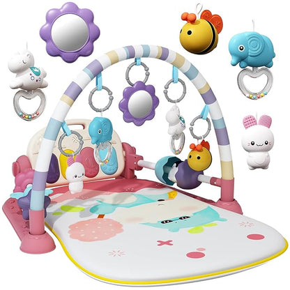 Jovow Baby Gym with Musical Piano,Baby Play Mat Tummy Time Baby Activity Gym Mat with 5 Infant Learning Sensory for Baby, Music and Lights Boy or Girl for Newborn（Pink）