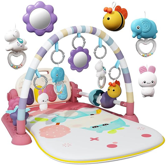 Jovow Baby Gym with Musical Piano,Baby Play Mat Tummy Time Baby Activity Gym Mat with 5 Infant Learning Sensory for Baby, Music and Lights Boy or Girl for Newborn（Pink）