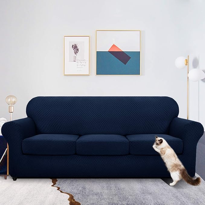 MAXIJIN 4 Piece Jacquard Extra Large Couch Covers for 3 Cushion Couch Super Stretch Non Slip Couch Cover for Dogs Pet Friendly Sofa Slipcover Furniture Protector (Oversized Sofa, Navy Blue)
