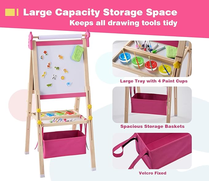 2-in-1 Double Sided Kid's Easel, Height-Adjustable Art Easel for Boys and Girls Ages 3-10, Including 100+ Accessories with Magnetic Chalkboard & Painting Board, Toddler Gifts