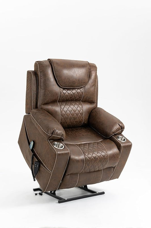 FANYE Electric Power Lift Chair for Elderly W/Massage and Heat, Infinite Positions 2 Remote Controllers Oversized Faux Leather Upholstered Recliner & Armchair W/Side Pockets & Cup Holders, Brown