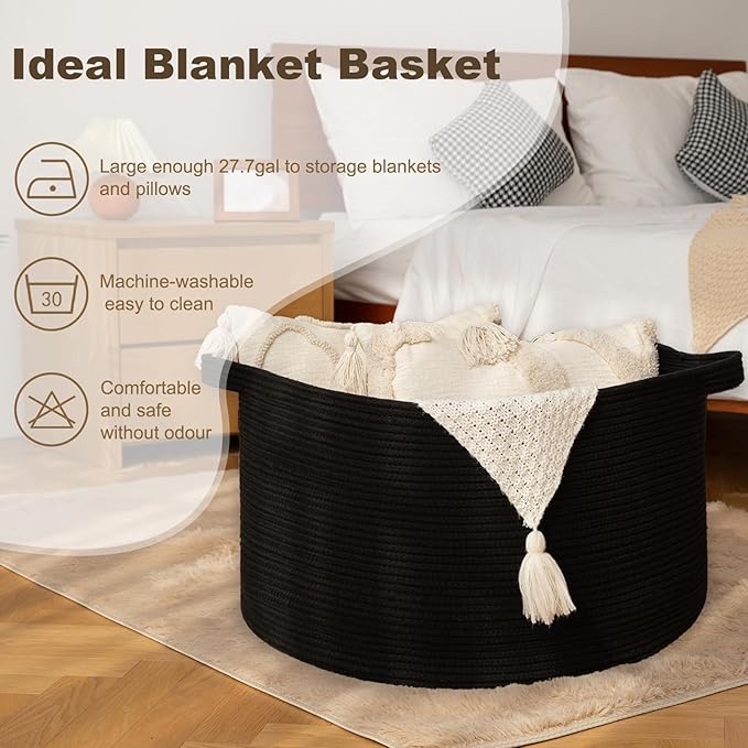 OIAHOMY 105L Blanket Basket for Living Room, Large Basket 23.6" x 23.6" x 14.6" with Handle, Laundry Hamper for Blankets, Pillows, Toy Storage for Kids, Dogs - Black