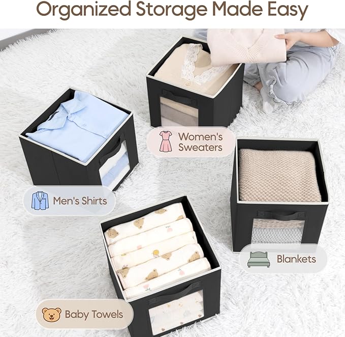 Homsorout Foldable Storage Cubes - Square Organizer with Window, Decorative Baskets for Organizing, Fabric shelf Basket for Clothes, 11 Inch Closet Storage Cubes, Set of 16, Black