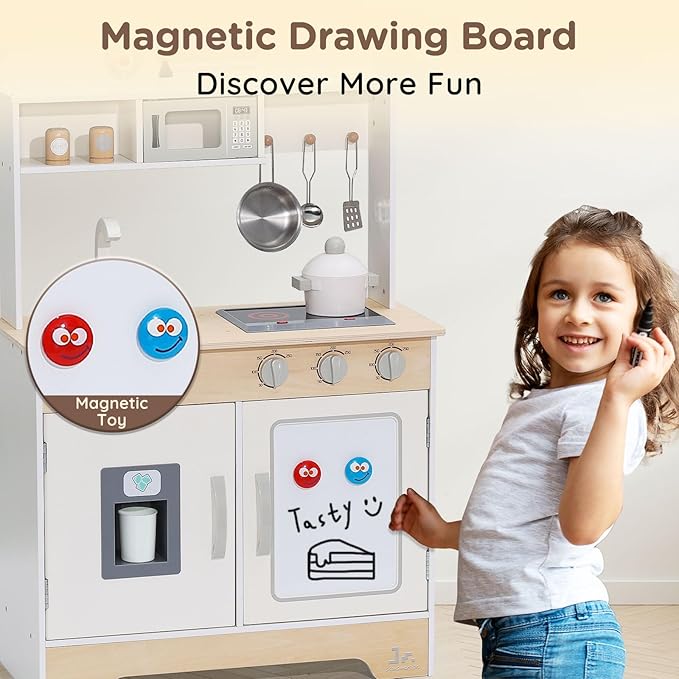 SainSmart Jr. Kitchen for Kids, Wooden Play Kitchen with Toy Storage System, Toy Kitchen Set with Plenty of Play Features, Kids Play Kitchen Designed, Gift for Ages 3+ White