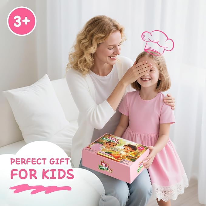 Kids Kitchen Knife Set for Real Cooking with Storage Box Pink, Montessori Kitchen Toy with Cutting Board, Plastic Toddler Knives, Peeler, Wooden Safe Knife for Age 3 4 5 6 7 8