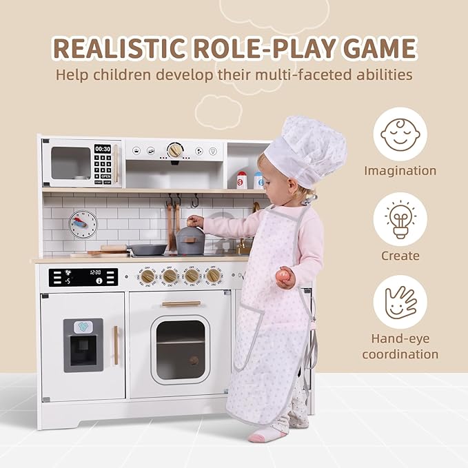Kids Play Kitchen Set, Kitchen Set for Kids with Plenty of Play Features, Sink, Oven, Stove, Dishwasher, Coffee Maker, Ice Maker and Microwave, Play Kitchen Sets for Kids Ages 4-8.