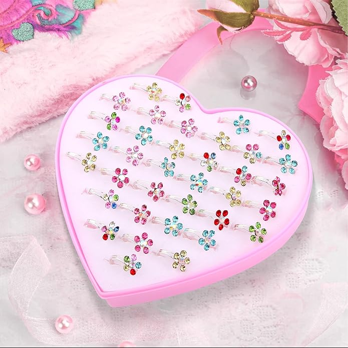 Little Girl Jewel Rings, Adjustable Pink Rings Girls Kids Pretend Play and Dress up Jewelry Set, Cute Rings with Display Case Party Favors Toys Gifts
