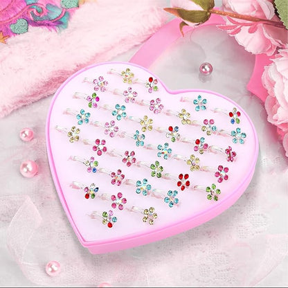 Little Girl Jewel Rings, Adjustable Pink Rings Girls Kids Pretend Play and Dress up Jewelry Set, Cute Rings with Display Case Party Favors Toys Gifts