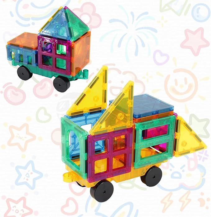 Magnetic Tiles Cars Construction Set - 2 PCS Green & Yellow Magnetic Tiles Magnet Truck Sensory Toys, Educational Magnetic Cars Set Magnet Building Blocks Toddler Toys for 3 4 5 6+ Year Old