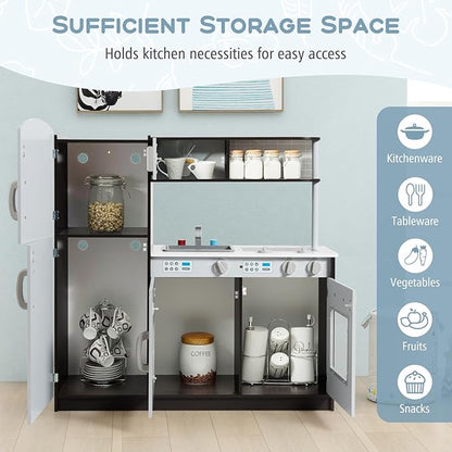 Costzon Kids Kitchen Playset, Wooden Pretend Play Toy Set with Realistic Sound, Microwave, Oven, Washing Machine, Refrigerator, Sink, Play Kitchen for Toddlers, Gift for Boys Girls Age 3+