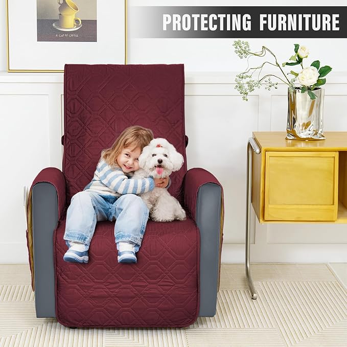 Recliner Chair Cover Sofa Slipcover Non-Slip Chair Couch Cover Machine Washable Furniture Protector with Straps for Dogs(Burgundy, 30inch Recliner)